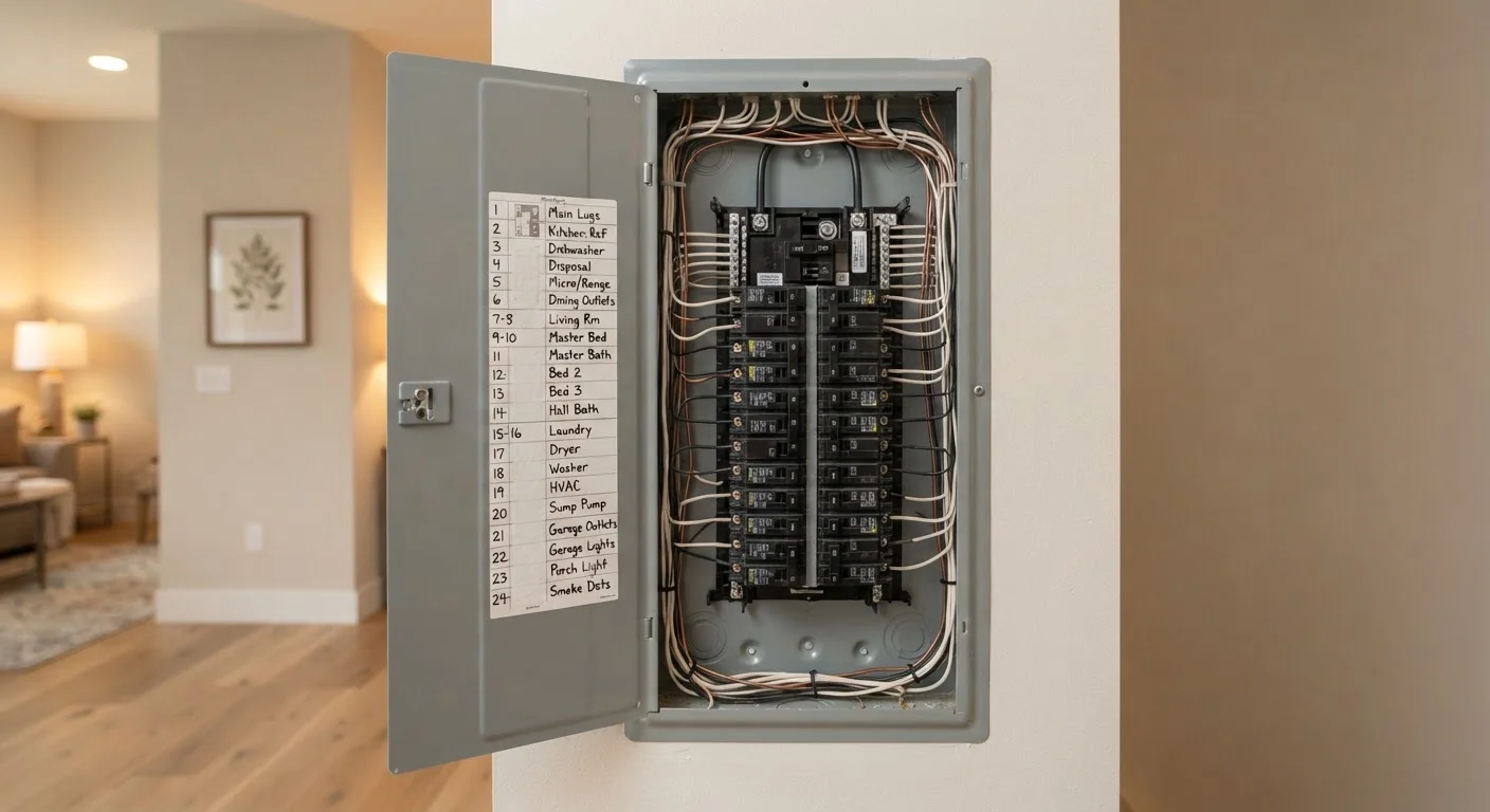Open residential electrical panel on a wall showing organized rows of labeled circuit breakers