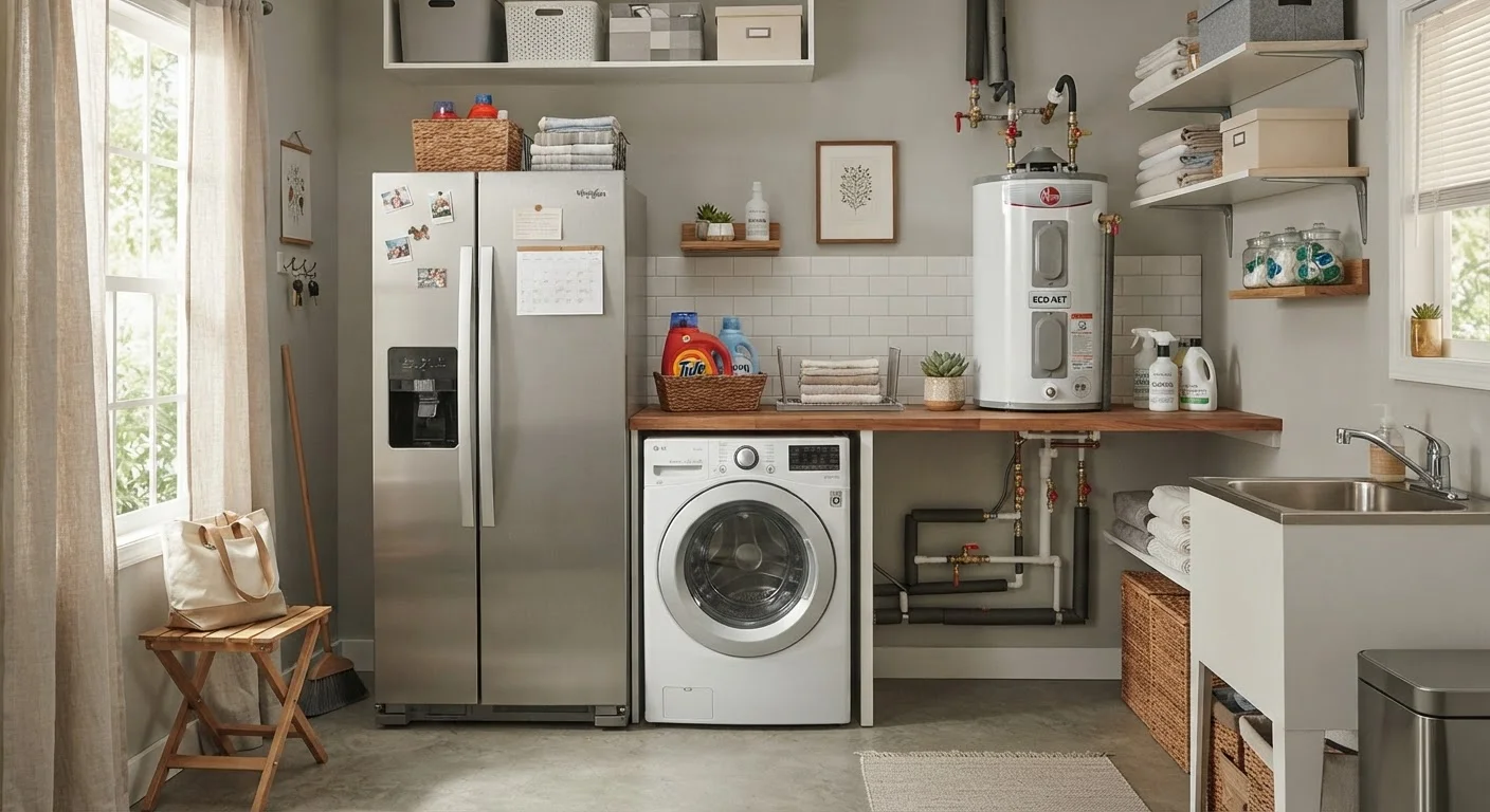 A well-organized home utility space showing common household appliances side by side