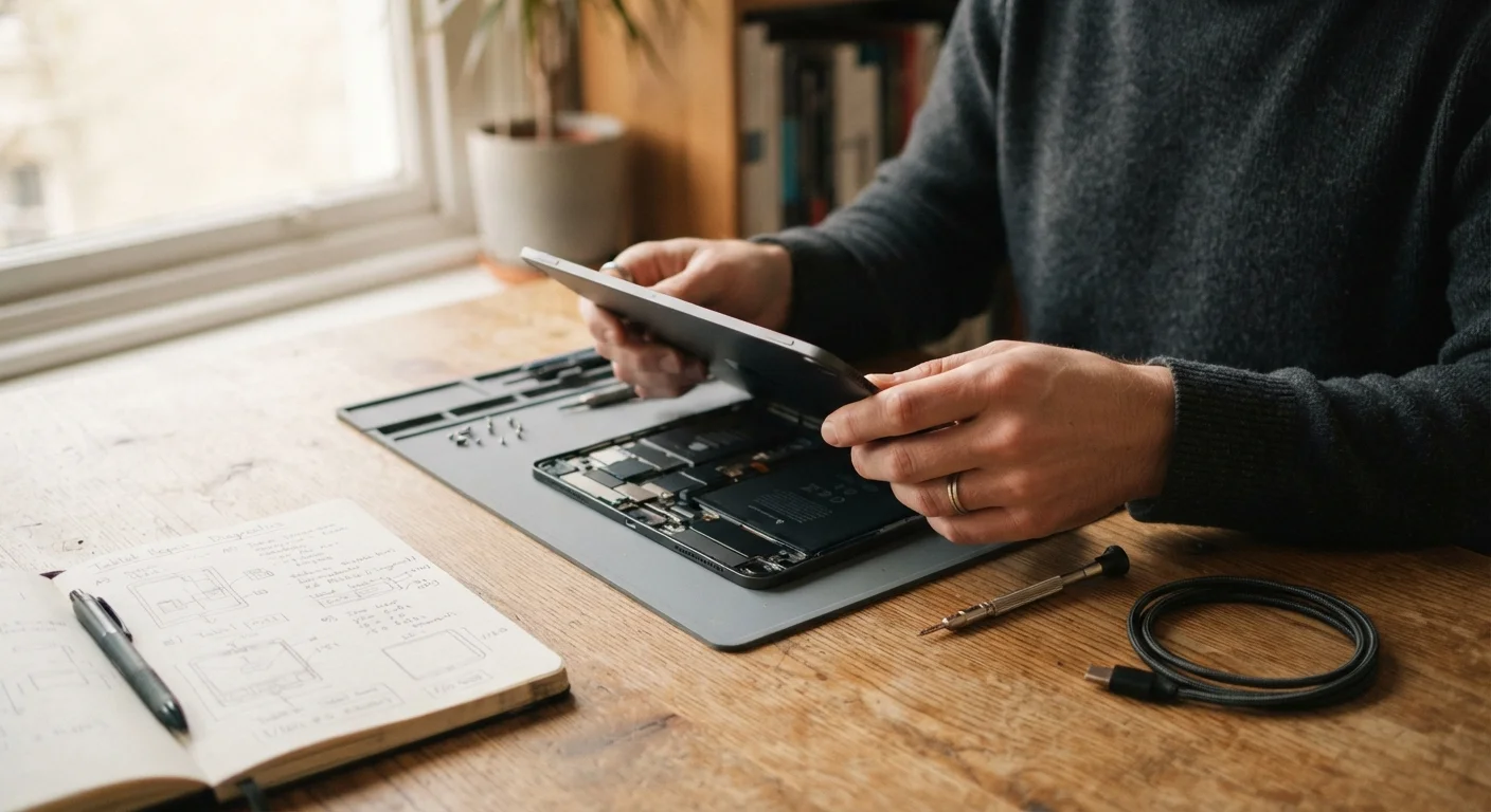 Person troubleshooting a tablet device at a desk with basic tools and a charging cable nearby.