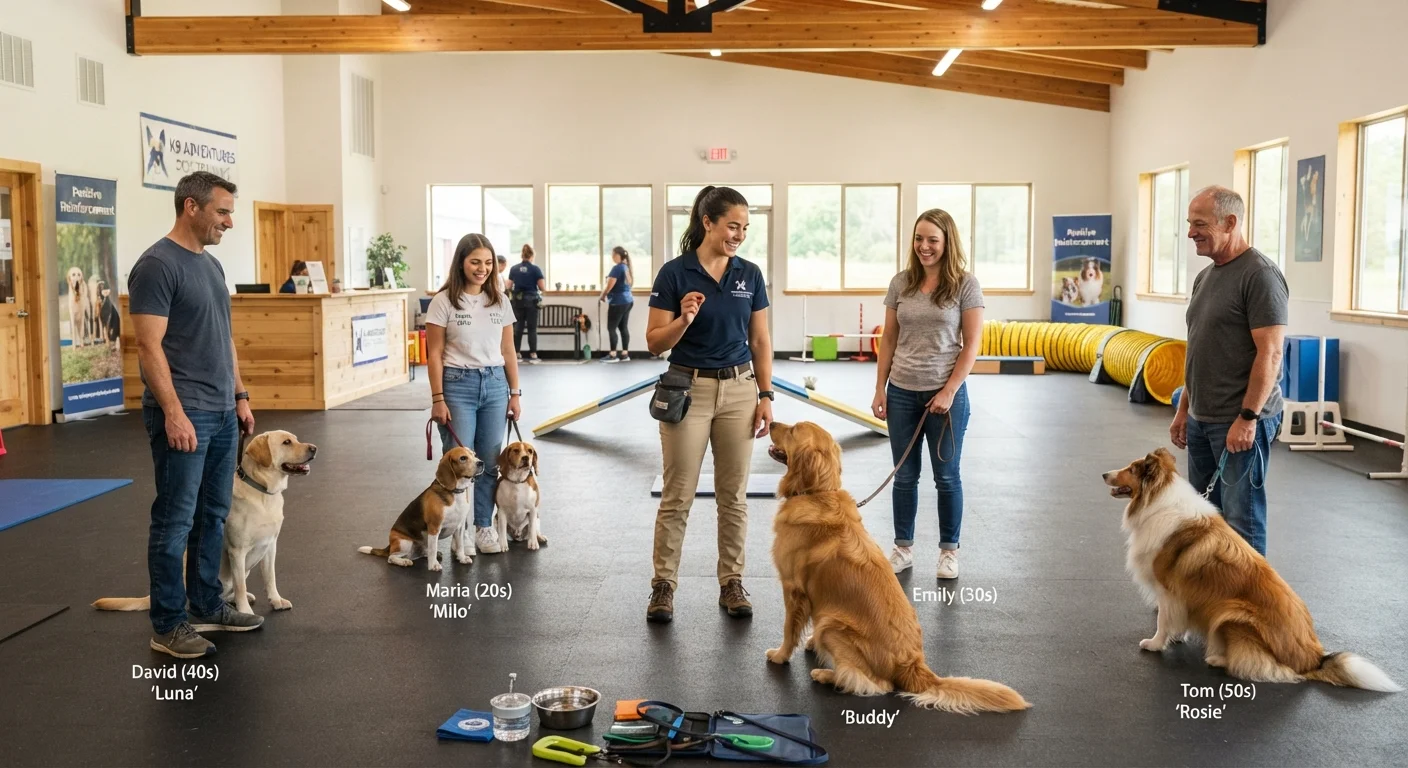 A dog trainer guiding owners and their dogs through exercises in a group class setting