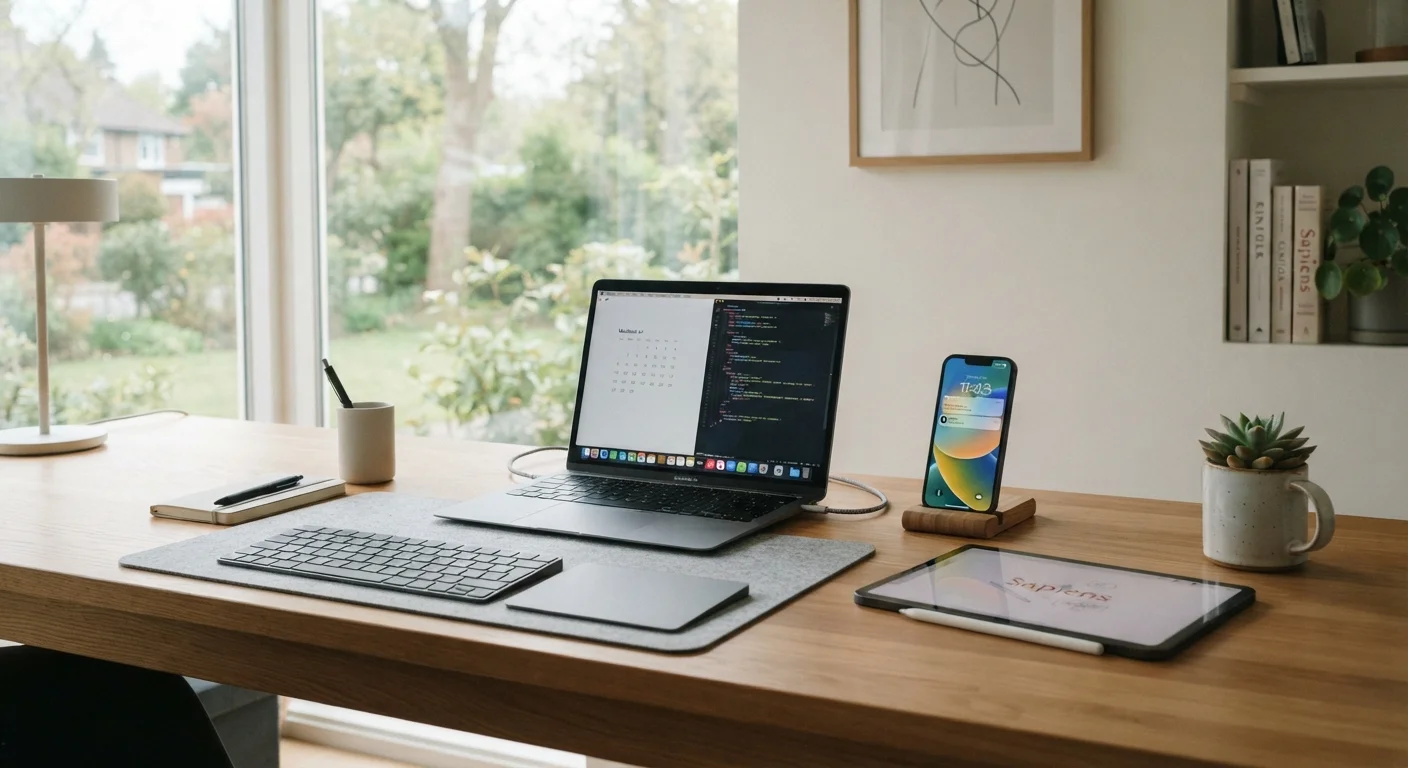 Laptop, smartphone, and tablet arranged neatly on a clean, well-lit wooden desk