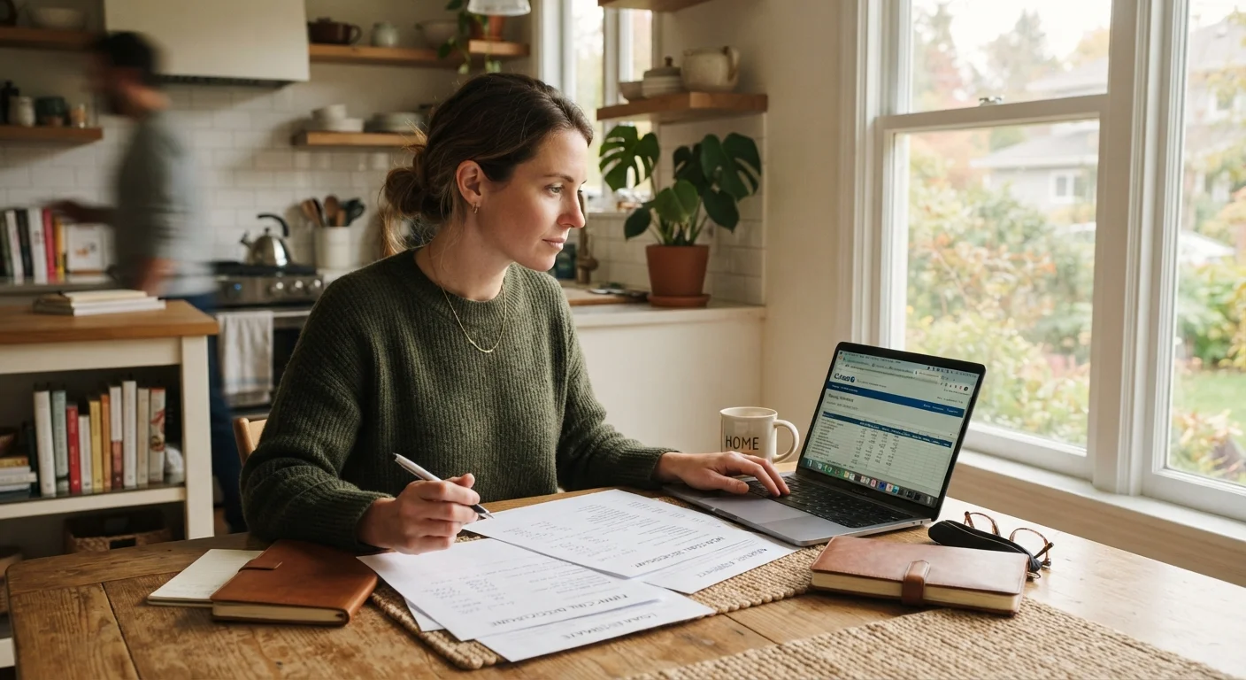 Homeowner reviewing mortgage refinancing documents at a kitchen table with a laptop