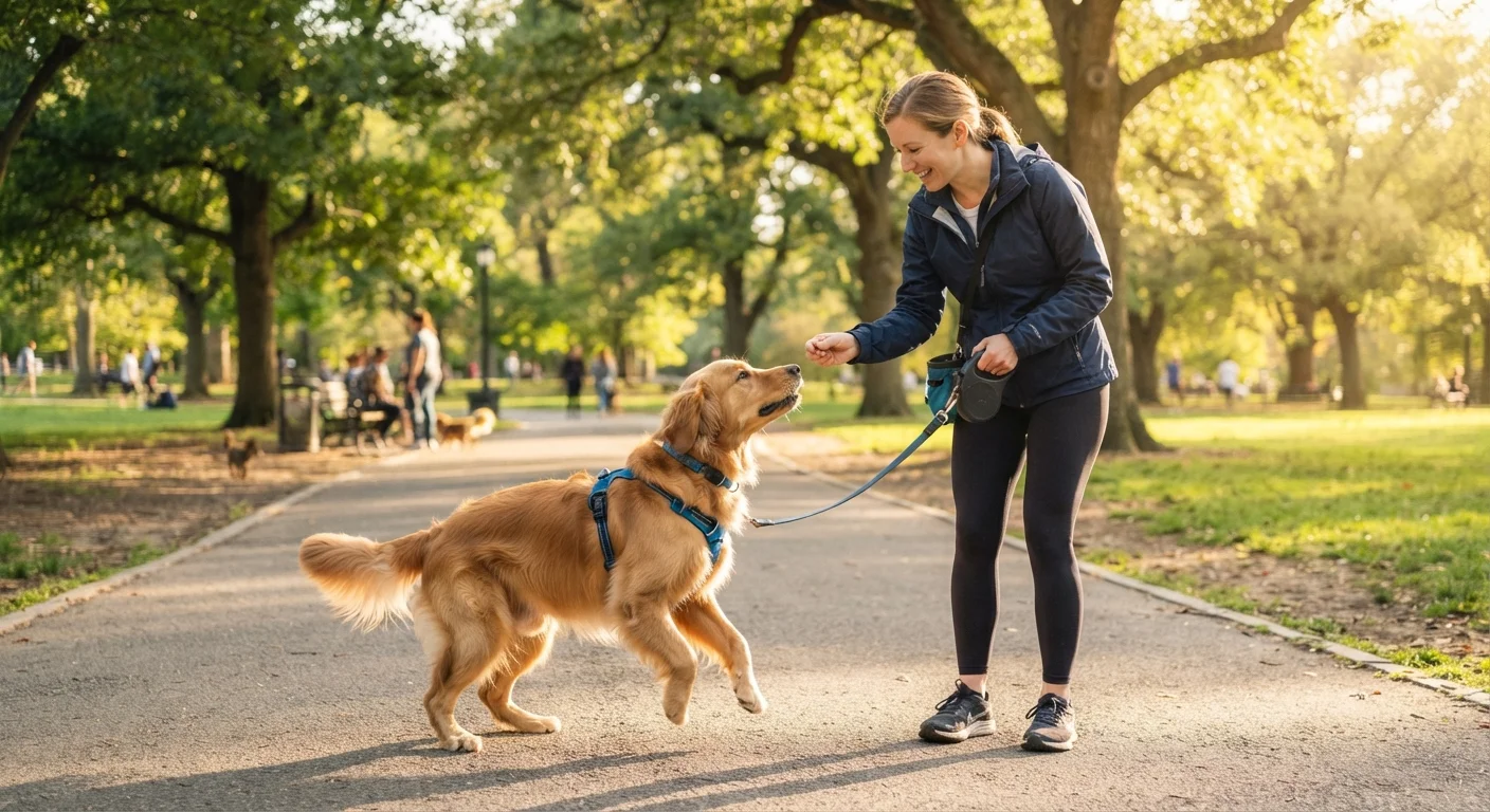Dog pulling on leash during a walk while owner gently redirects its attention