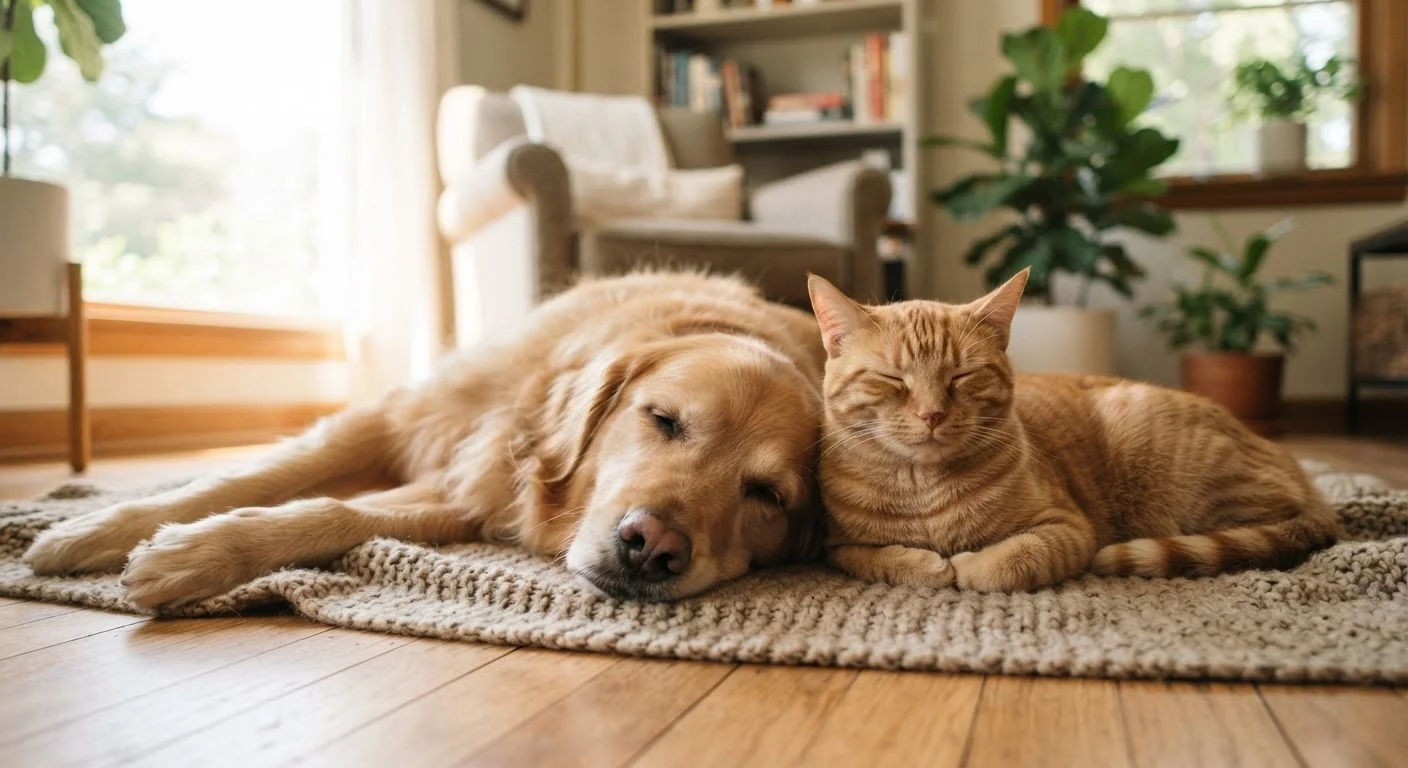 A dog and cat sitting together indoors displaying relaxed, content body language