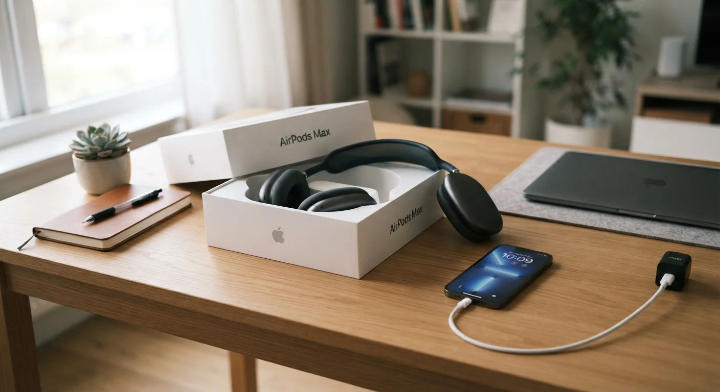 New electronic device being unboxed on a clean, organized desk with accessories nearby