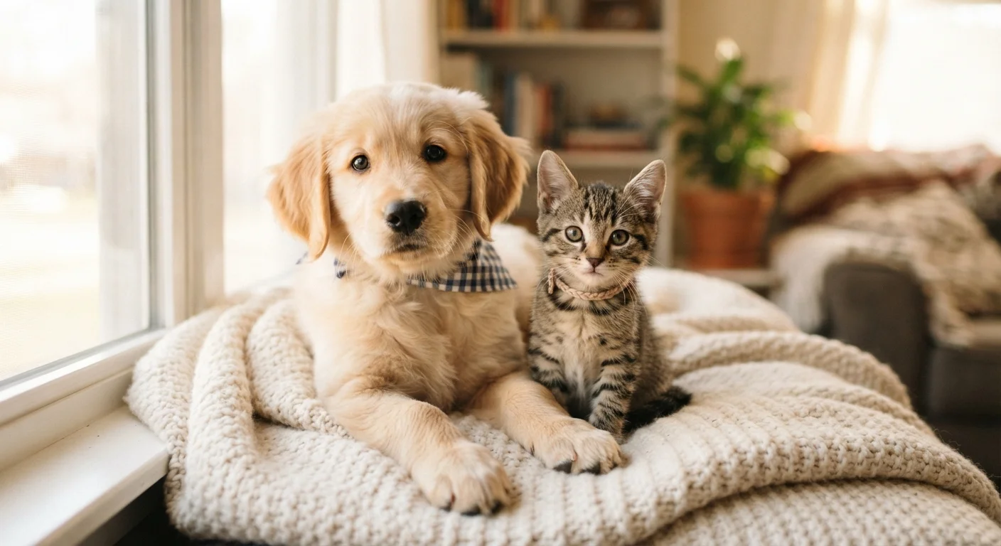 A puppy and kitten sitting together on a blanket during their socialization period