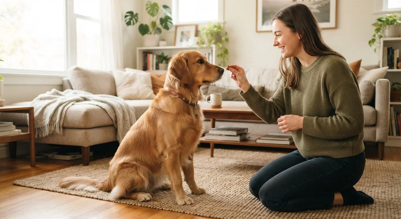 A dog sitting attentively facing a person holding a treat in a calm indoor setting.