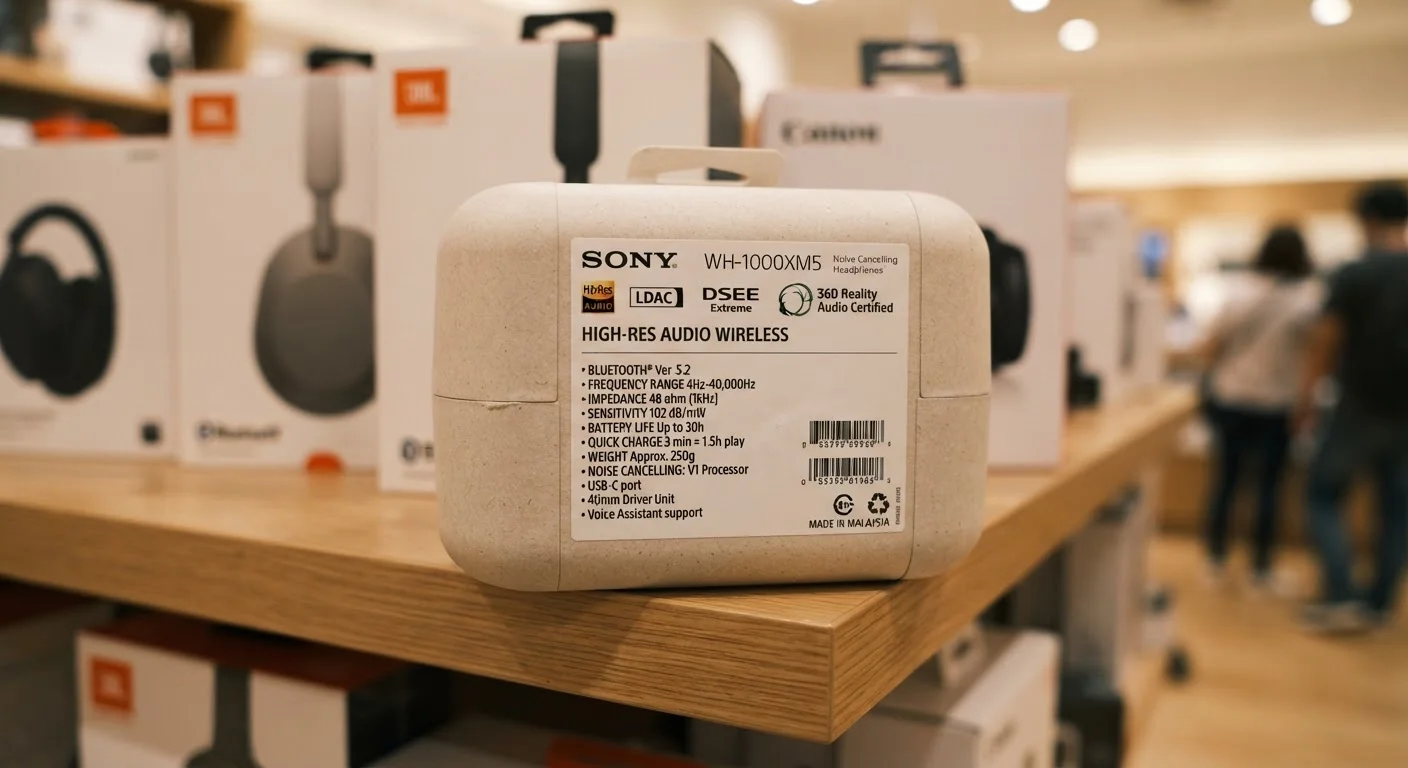 Electronics product packaging showing technical specifications and abbreviations on a retail shelf.