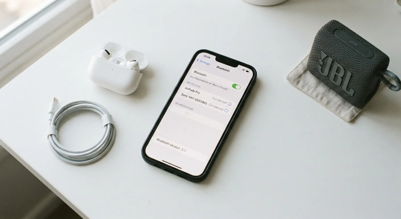 Smartphone showing Bluetooth settings screen next to wireless earbuds and portable speaker on white desk