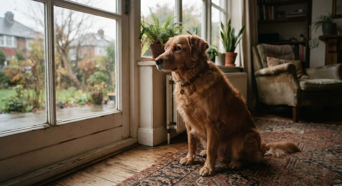 A dog sitting by a window alone, looking outside with a worried expression