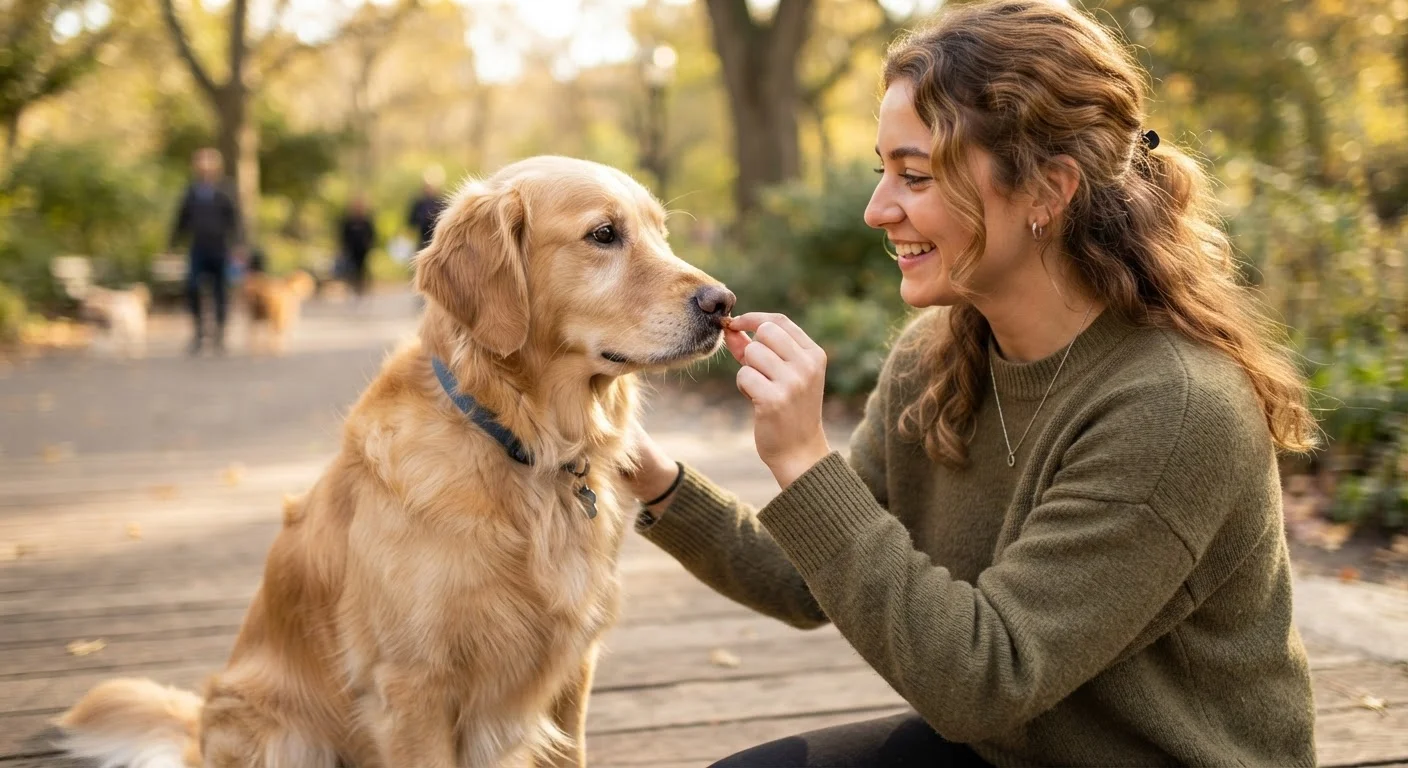 A dog sitting attentively beside its owner during a positive reward-based training session
